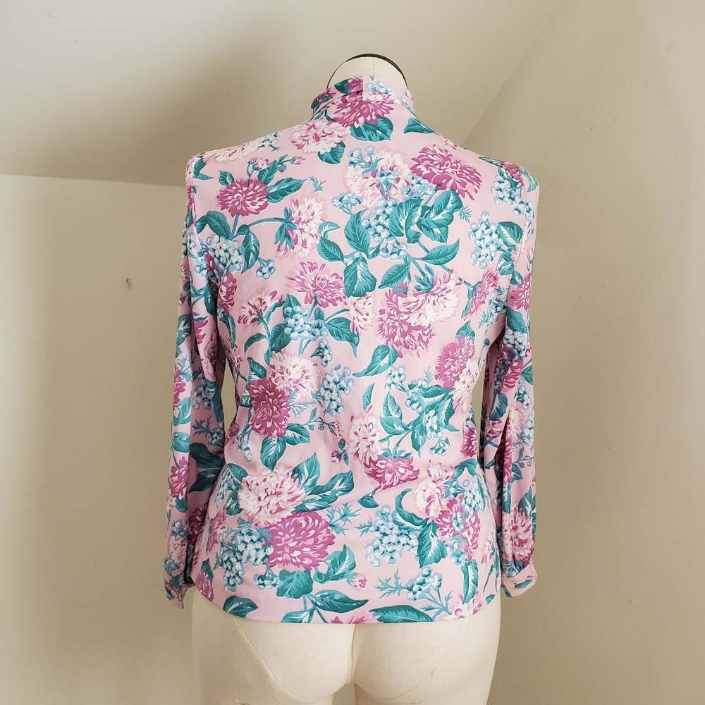 Vintage Tie-bow Floral Print Button Front Long Sleeve Blouse Pink Green - Picture 5 of 11